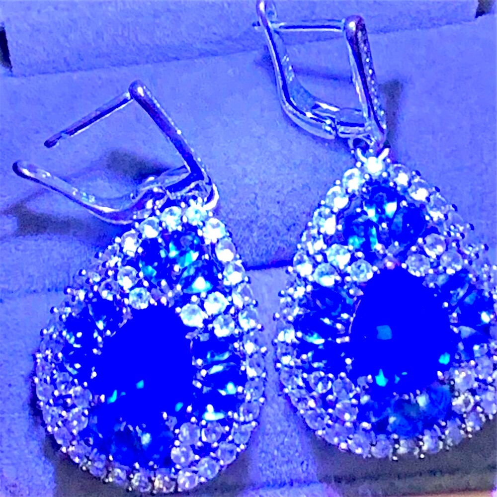 New Tanzanite Blue Rare Teardrop Dangle Earrings with Sapphire chips - Picture 2 of 10